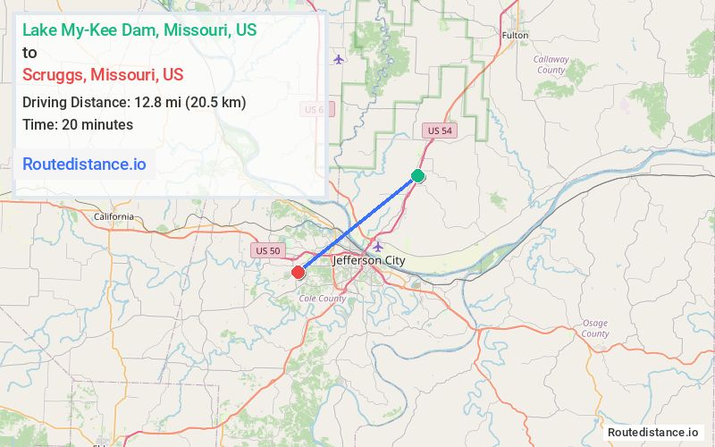 Distance from Lake My-Kee Dam to Scruggs