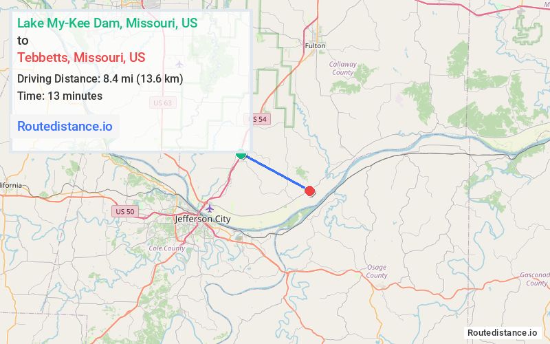 Route map from Lake My-Kee Dam to Tebbetts