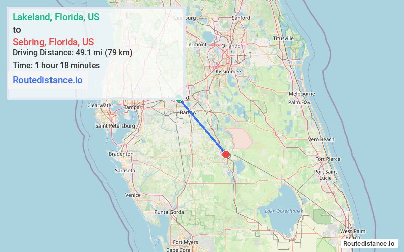 Route map from Lakeland to Sebring