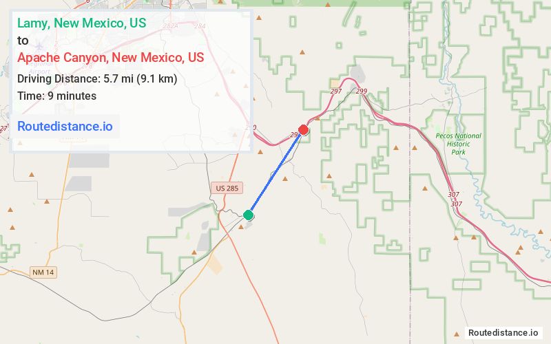 Route map from Lamy to Apache Canyon