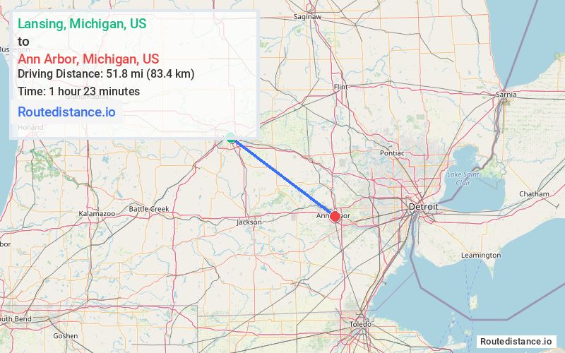 Route map from Lansing to Ann Arbor