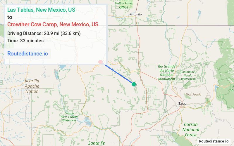 Route map from Las Tablas to Crowther Cow Camp