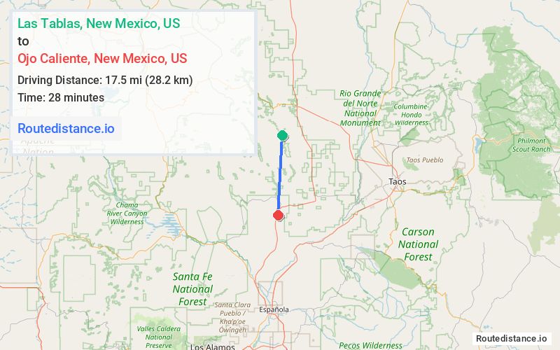 Route map from Las Tablas to Ojo Caliente