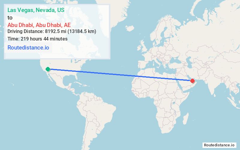 Route map from Las Vegas to Abu Dhabi