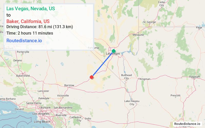 Route map from Las Vegas to Baker
