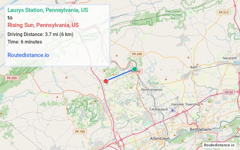 Distance from Laurys Station to Rising Sun