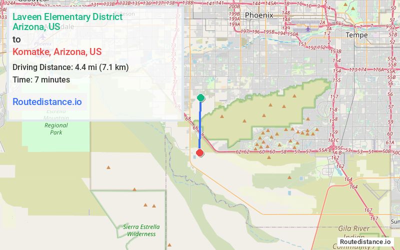 Route map from Laveen Elementary District to Komatke