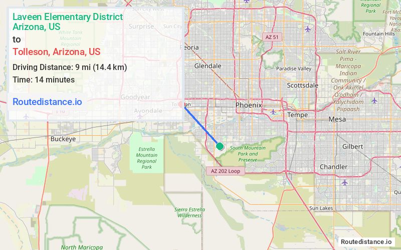 Route map from Laveen Elementary District to Tolleson