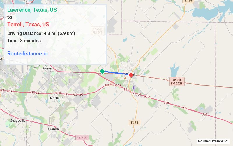 Route map from Lawrence to Terrell