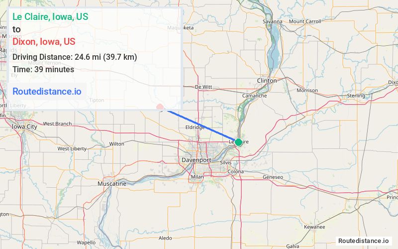 Route map from Le Claire to Dixon