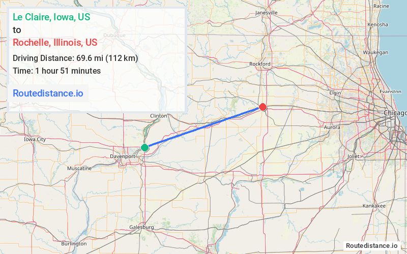 Route map from Le Claire to Rochelle