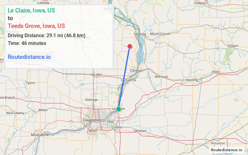 Distance from Le Claire to Teeds Grove