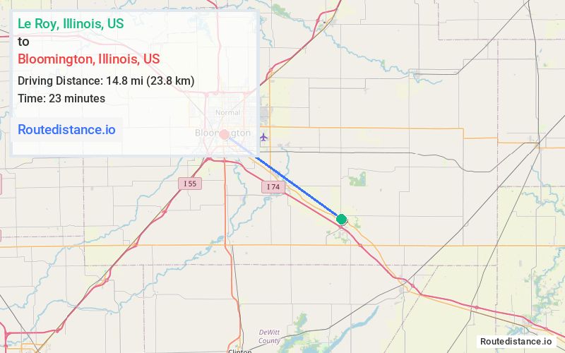 Route map from Le Roy to Bloomington