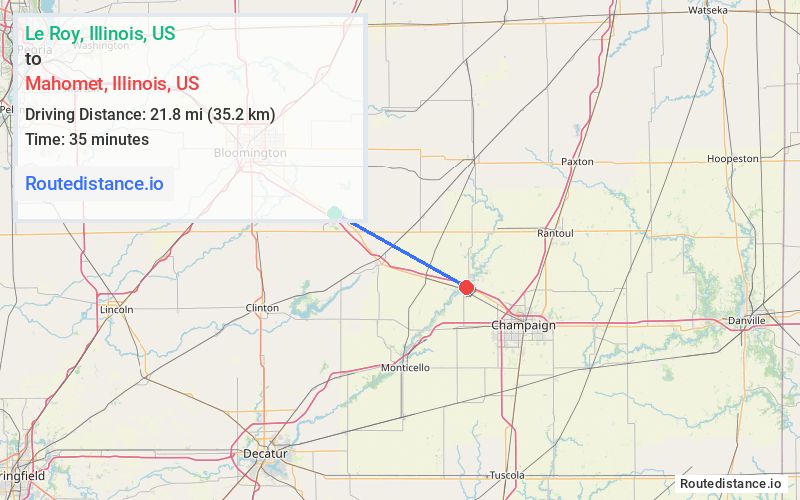 Route map from Le Roy to Mahomet