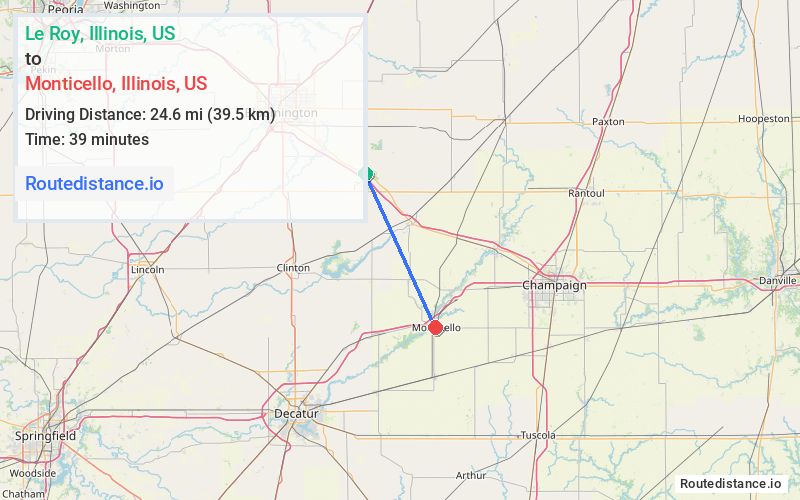 Route map from Le Roy to Monticello