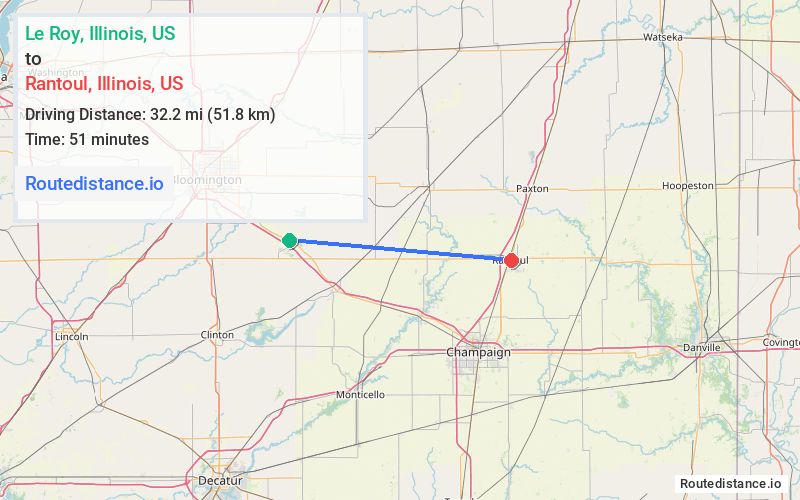Route map from Le Roy to Rantoul