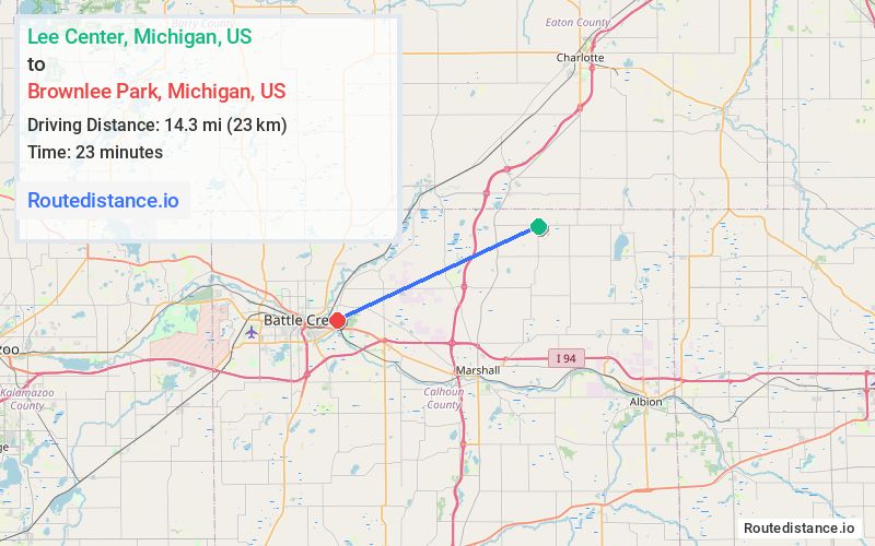 Route map from Lee Center to Brownlee Park