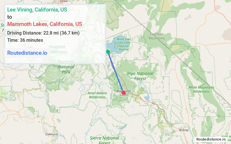 Route map from Lee Vining to Mammoth Lakes