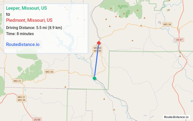 Route map from Leeper to Piedmont