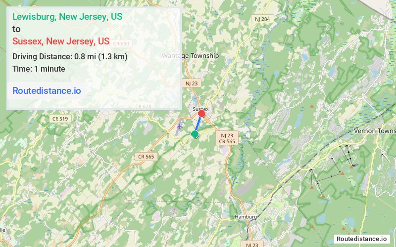 Route map from Lewisburg to Sussex
