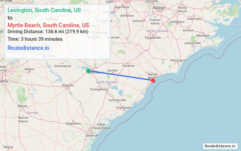 Route map from Lexington to Myrtle Beach