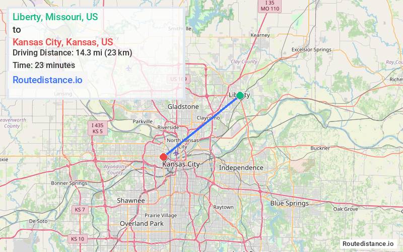 Route map from Liberty to Kansas City
