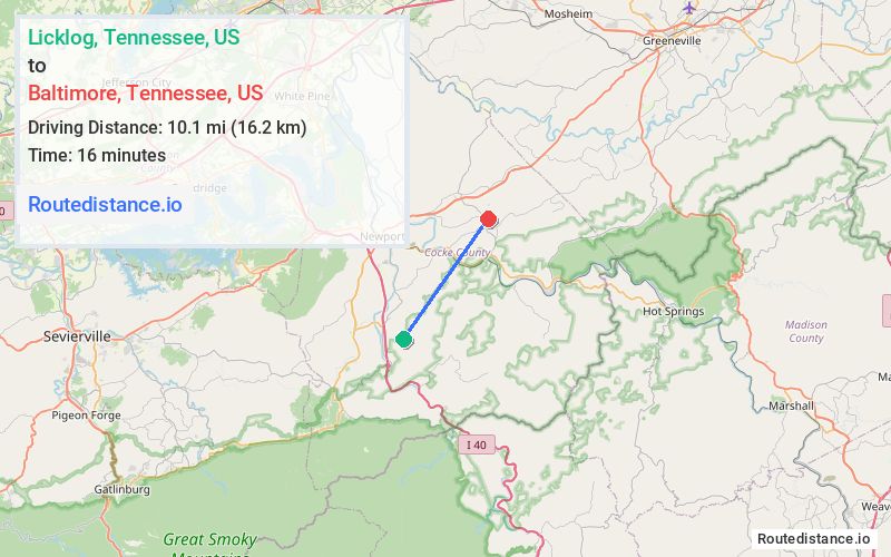Route map from Licklog to Baltimore