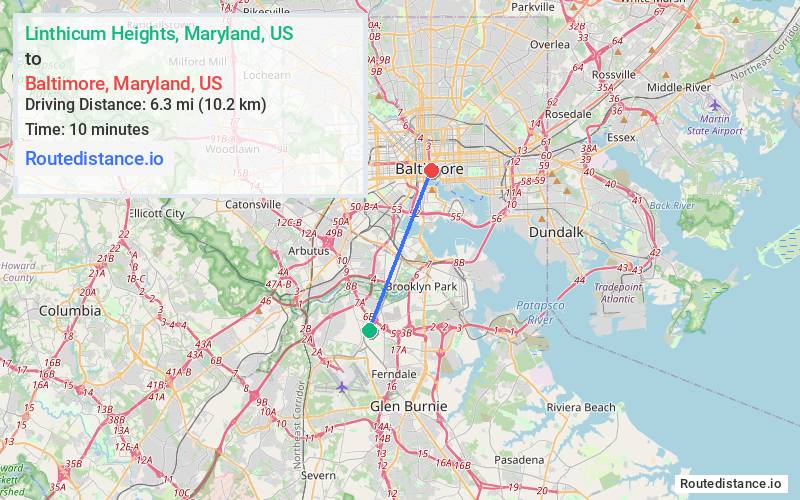 Route map from Linthicum Heights to Baltimore