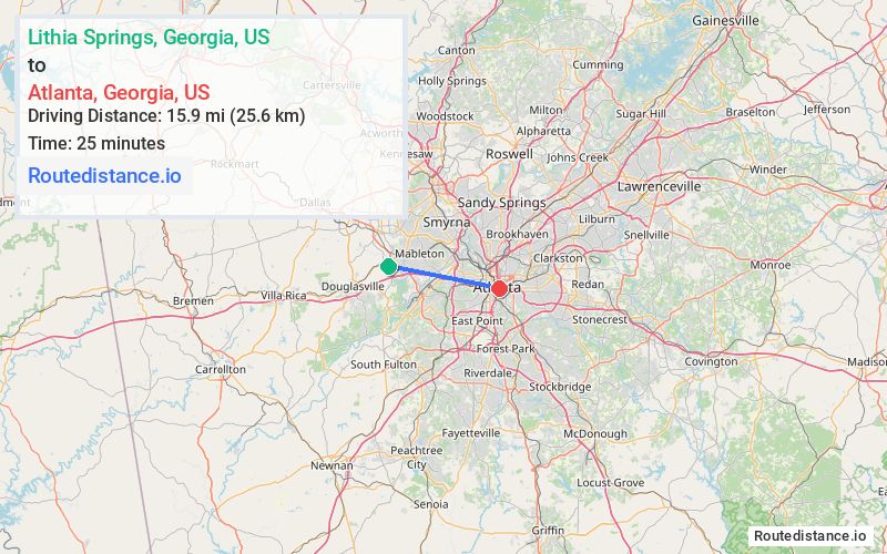 Route map from Lithia Springs to Atlanta