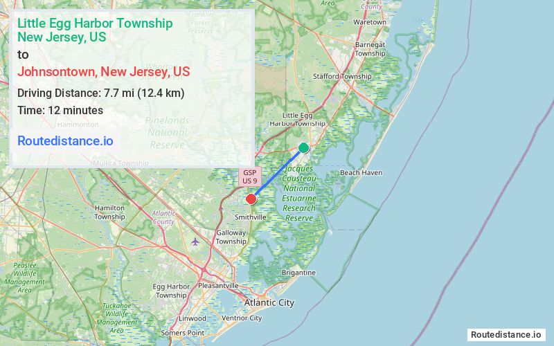 Route map from Little Egg Harbor Township to Johnsontown
