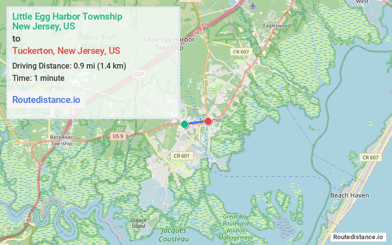 Route map from Little Egg Harbor Township to Tuckerton