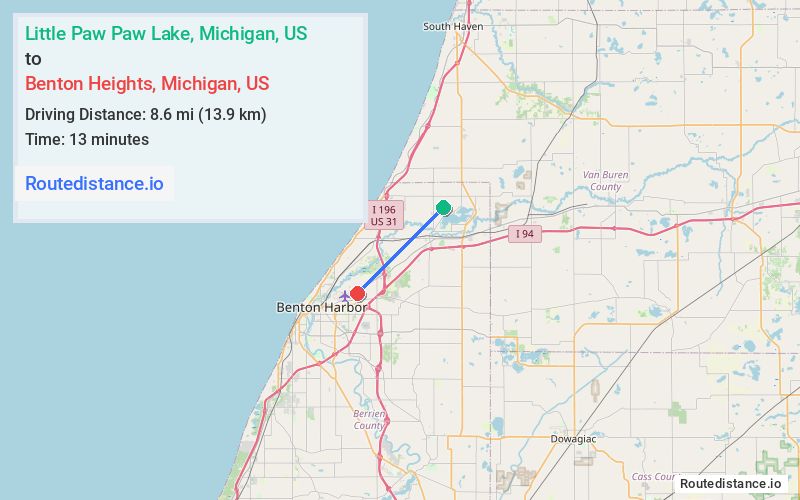 Route map from Little Paw Paw Lake to Benton Heights
