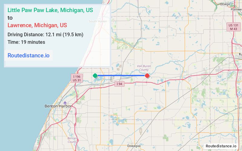 Route map from Little Paw Paw Lake to Lawrence