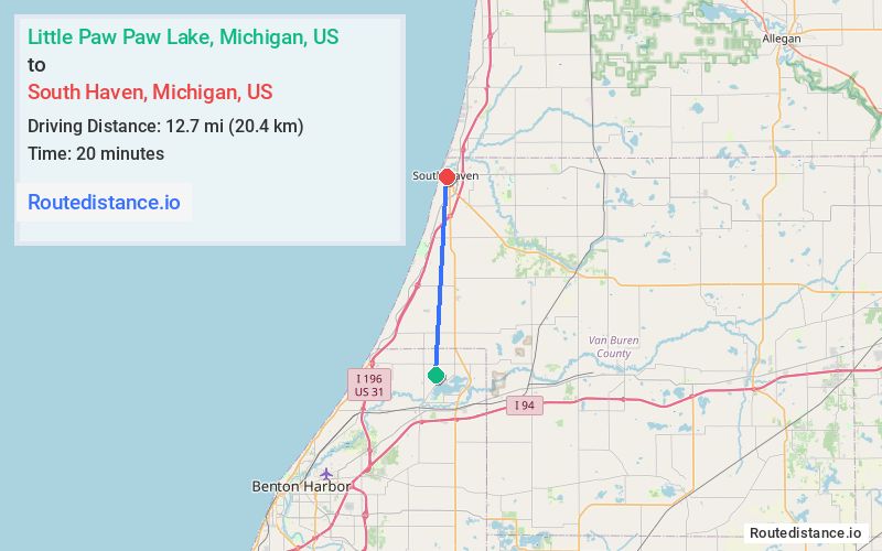 Route map from Little Paw Paw Lake to South Haven