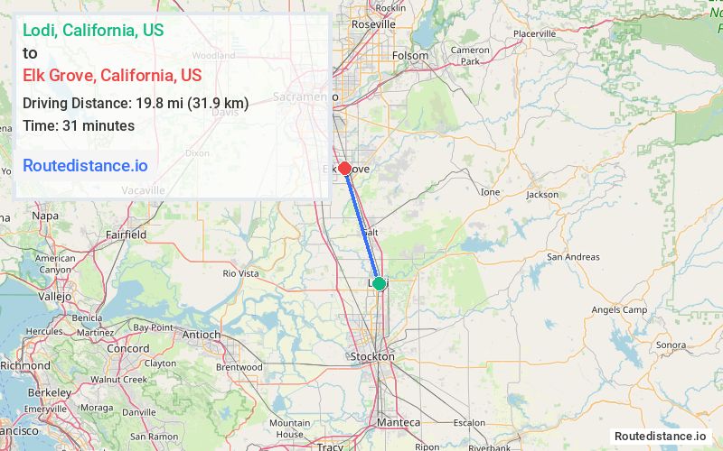 Route map from Lodi to Elk Grove