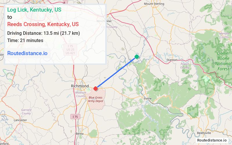 Route map from Log Lick to Reeds Crossing
