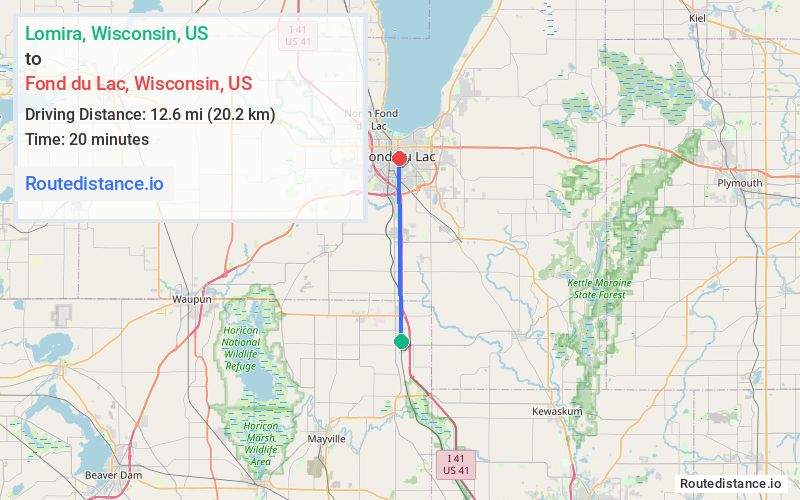 Route map from Lomira to Fond du Lac