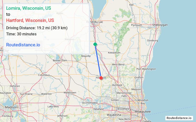 Route map from Lomira to Hartford