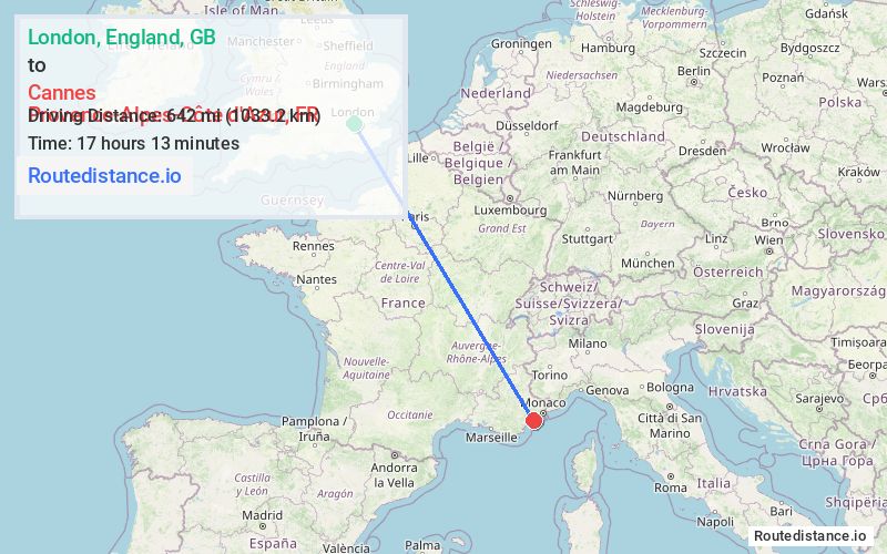 Route map from London to Cannes