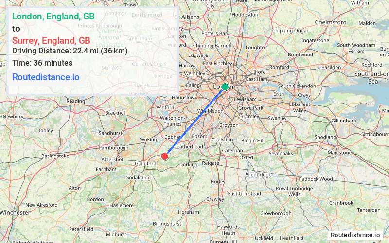 Route map from London to Surrey