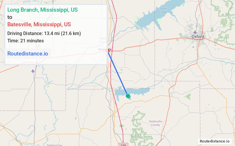 Route map from Long Branch to Batesville