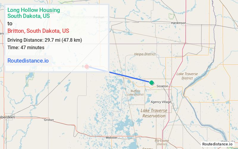 Route map from Long Hollow Housing to Britton