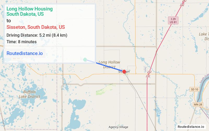 Route map from Long Hollow Housing to Sisseton