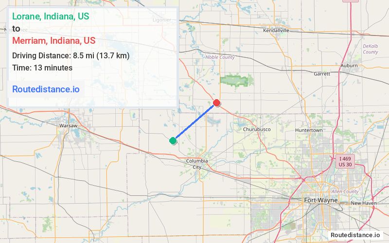 Route map from Lorane to Merriam
