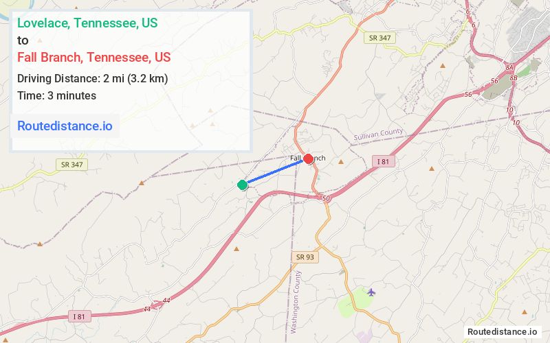 Route map from Lovelace to Fall Branch