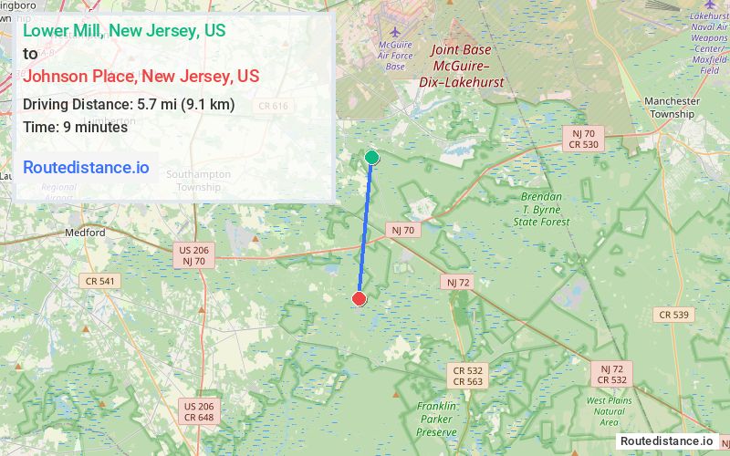Route map from Lower Mill to Johnson Place