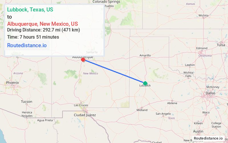 Route map from Lubbock to Albuquerque