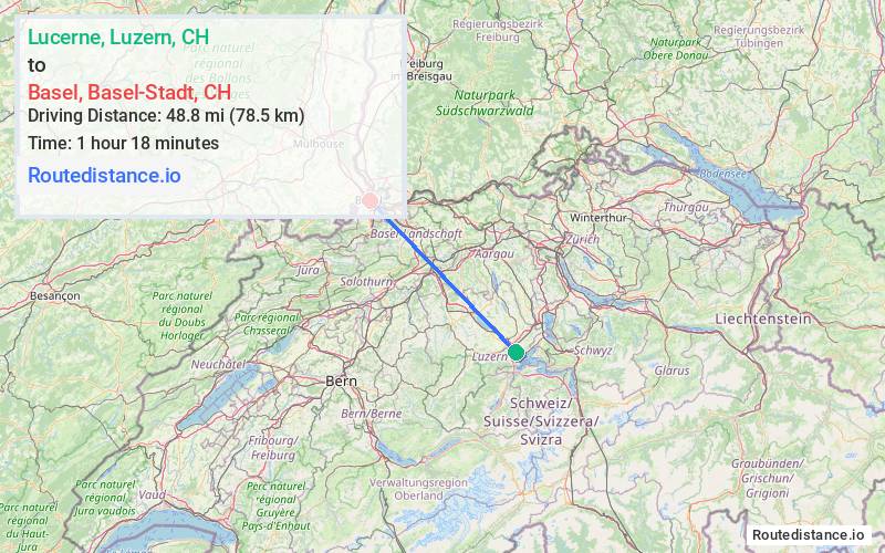 Route map from Lucerne to Basel