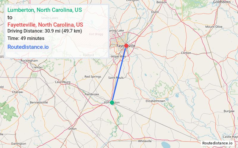 Route map from Lumberton to Fayetteville