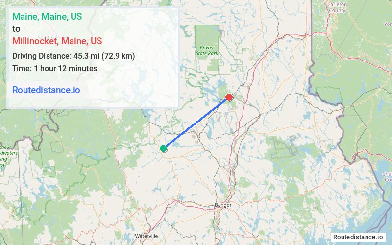 Route map from Maine to Millinocket